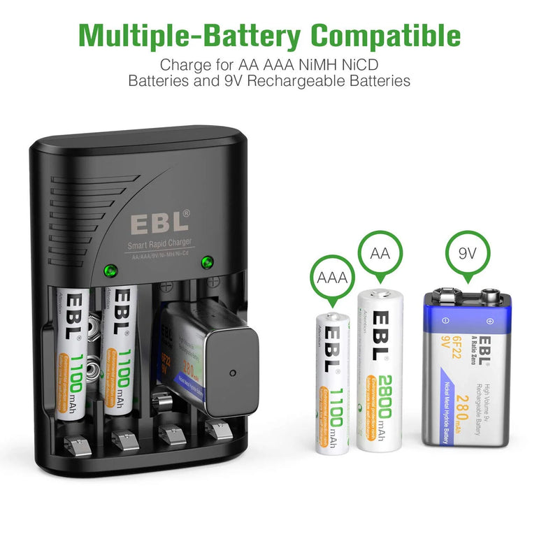 AA Rechargeable Batteries (4 Pack) + Battery Charger for 9V AA AAA Nimh Batteries, Precharge Double a Batteries