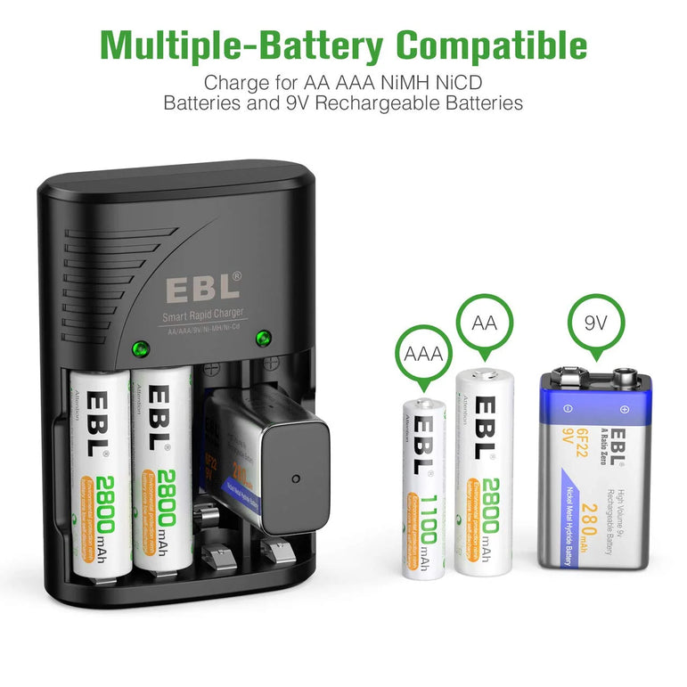 AA Rechargeable Batteries (4 Pack) + Battery Charger for 9V AA AAA Nimh Batteries, Precharge Double a Batteries